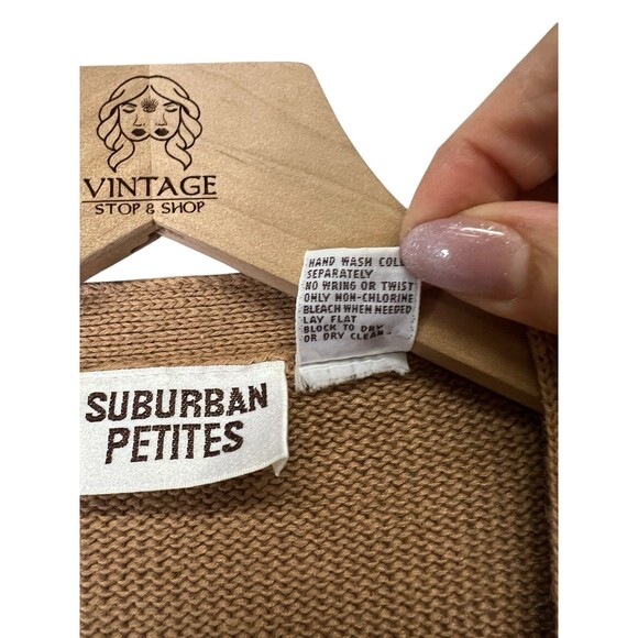 Vintage Suburban Petite Tan Stripe Polka Dot Pattern Cardigan Women’s 90s Size M - Picture 9 of 13